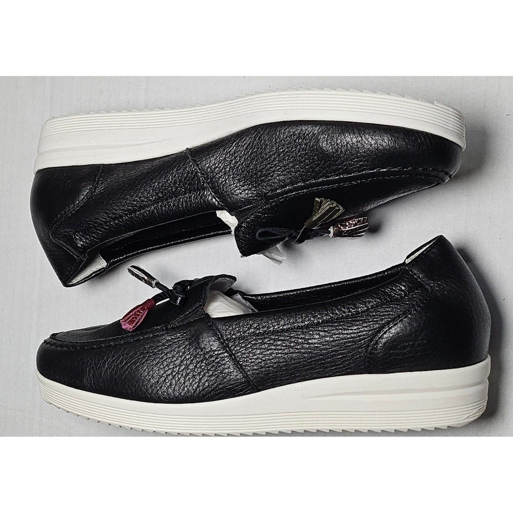 Vitaform Black Leather Tassel Loafers Slip On Low Wedge Shoes Womens 7.5/38 NEW - Picture 4 of 13
